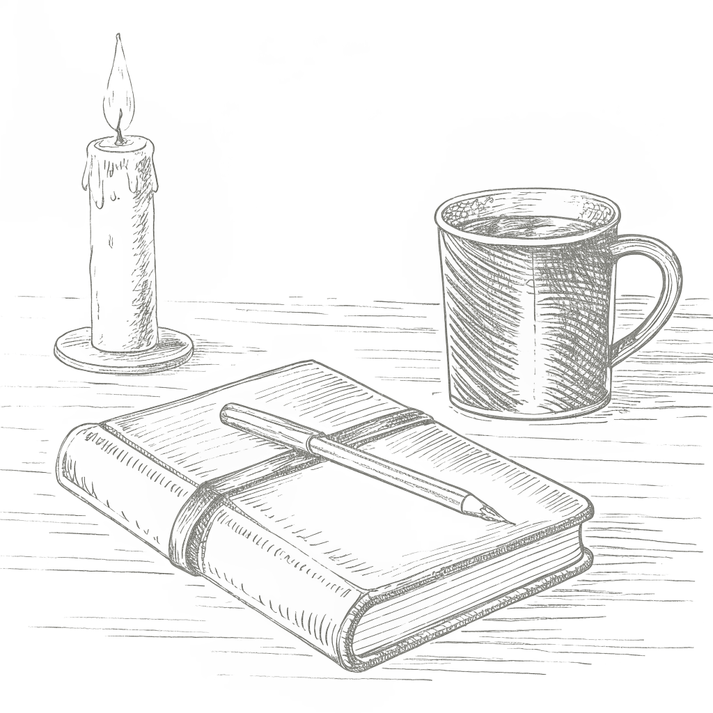 A candle, mug of tea and leather journal on a wooden surface
